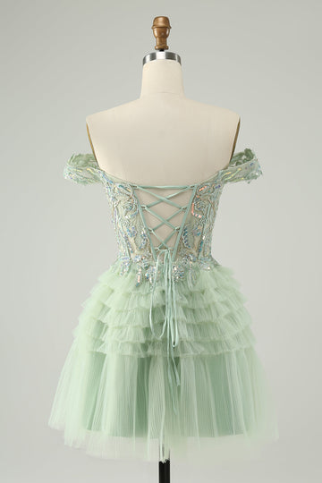Sparkly Light Green A Line Off The Shoulder Corset Tulle Cocktail Dress